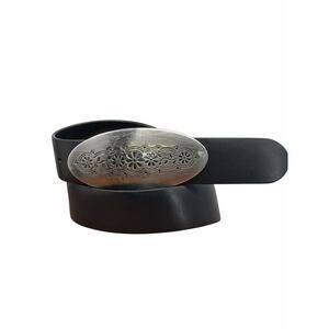 Wills‎ Sport Leather Engraved Buckle Belt 40 Women’s Black Silver Floral Western